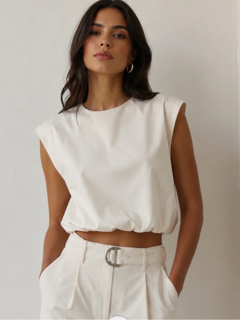 Zara Cream Cropped Sleeveless Top balloon with Padded Shoulders